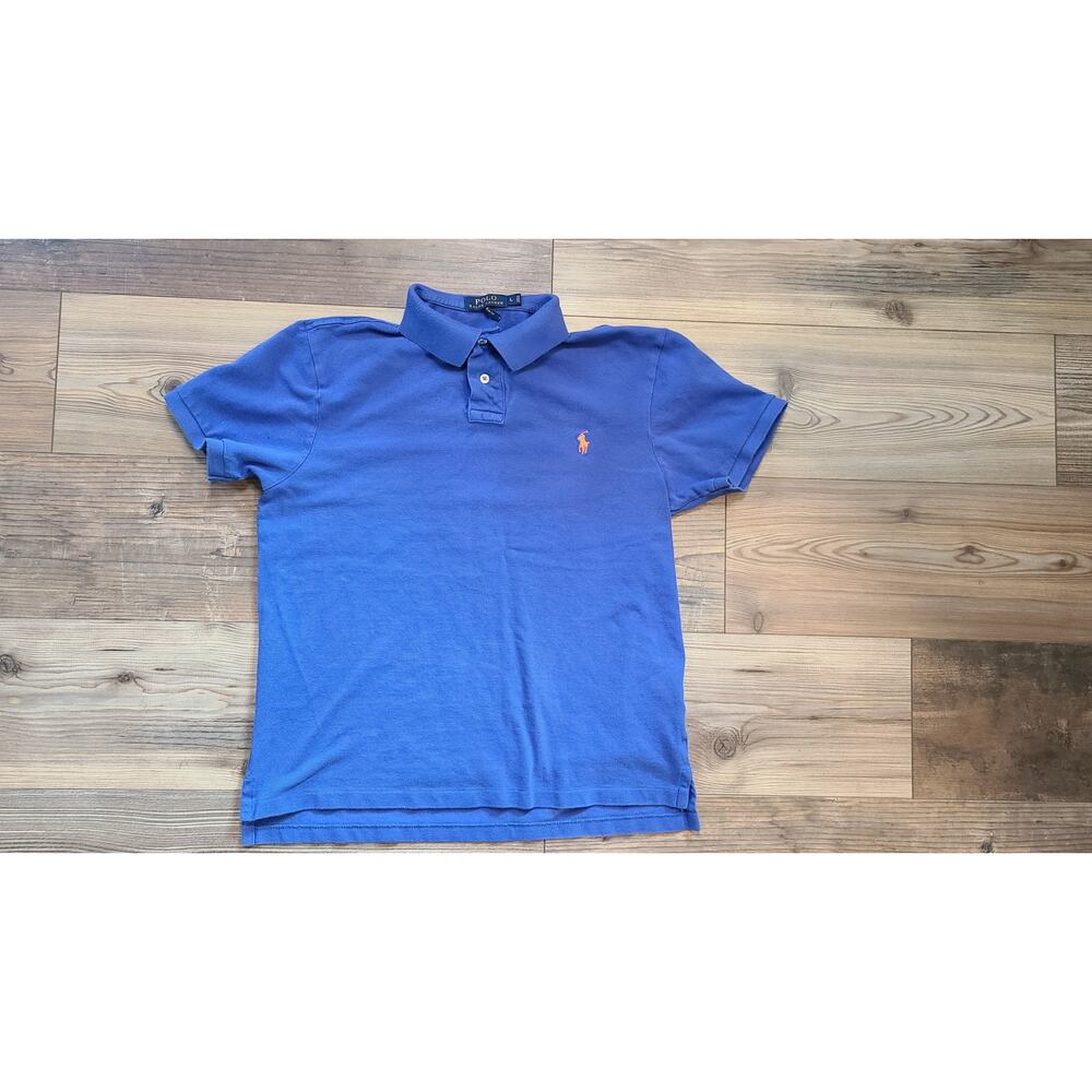 Polo Ralph Lauren Shirt Mens L Short Sleeve Blue Logo Cotton *Fits like S/M FLAW